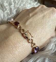 Vintage C.1950s 14Kt Rose Gold Natural Oval Multi-Gemstones Link Bracelet 7.5”in