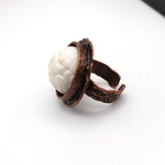 Adjustable Brutilist Style Copper Plated Ring w Vintage Opalescent Carved Stone