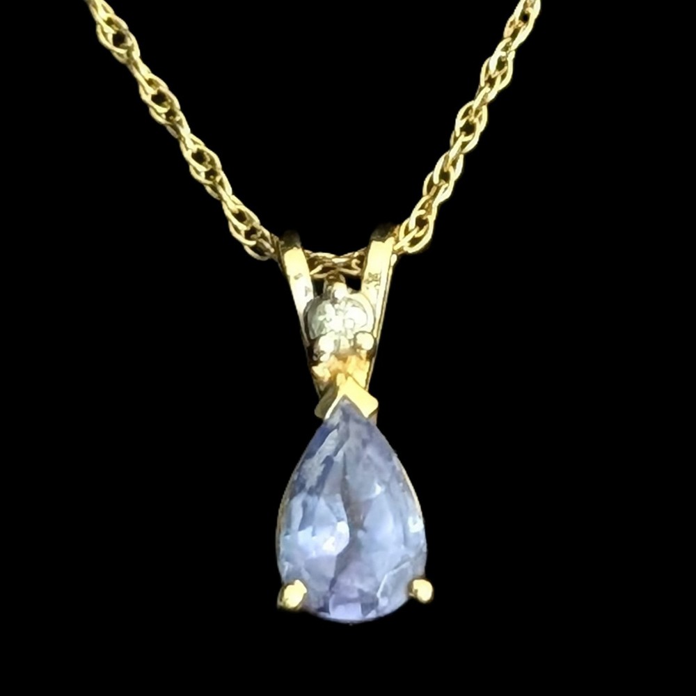 Estate Diamond Tanzanite 14k Yellow Gold Pendant on 10k Gold Chain Necklace Gift