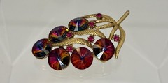 Vintage Watermelon Rivoli Rhinestone Leaf Brooch Gold Tone Pink Aurora Borealis