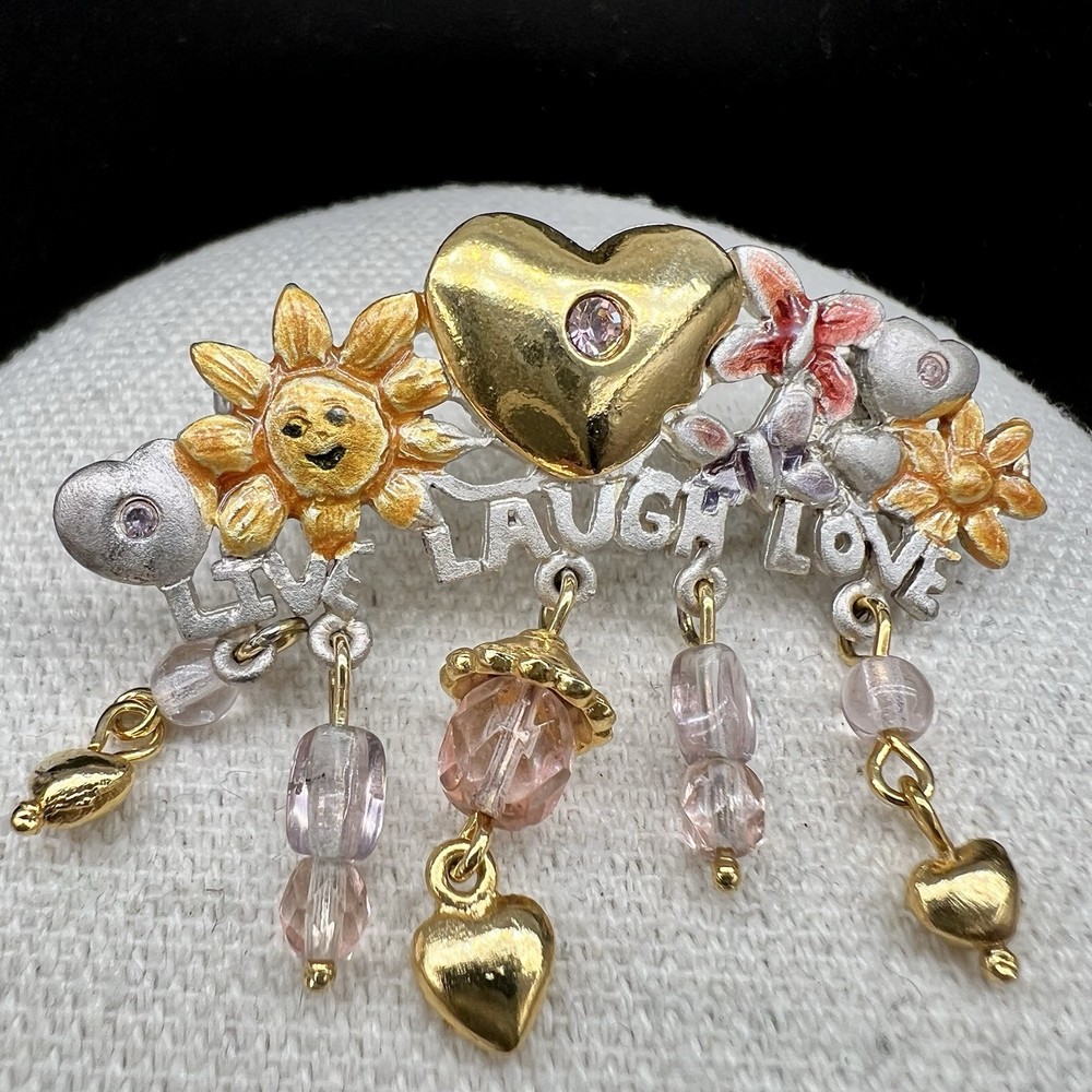 Vintage Garden Floral Heart Dangle Brooch Pink Bead Charm Statement Pin Signed