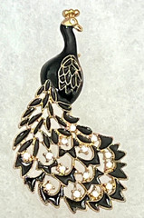 Vintage Enamel Rhinestone Peacock Era Brooch Gold Tone Black Gold Tone Bird Pin