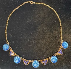 1930’s Vintage Art Deco Czech Blue Star Sapphire Glass Enamel & Brass Necklace