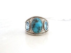 Vintage Sterling Silver 925 Large Turquoise Blue Topaz Unique Ring Size 9.5