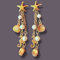 Starfish Earrings Seahorse Shell Dangle Vintage Gold Tone Faux Pearl Pierced