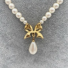 Vintage Faux Pearl Teardrop With Gold Tone Bow & Crystal Rhinestone Bib Necklace