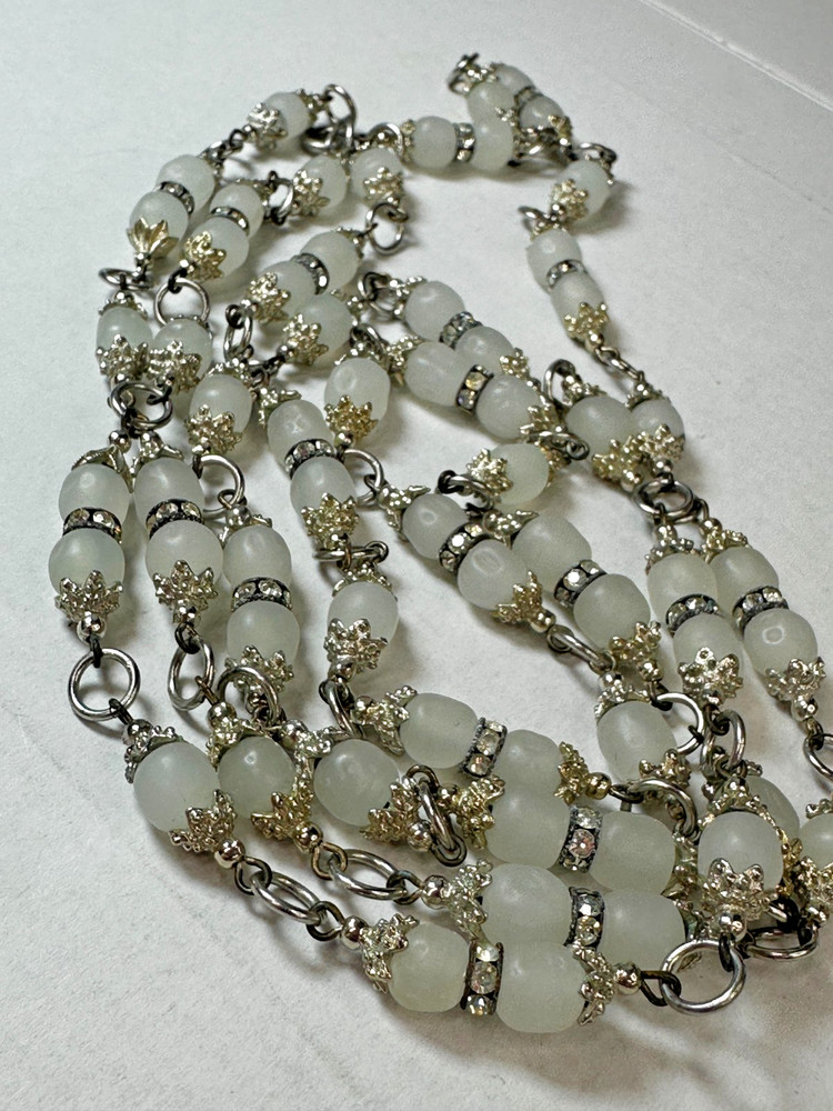 Vintage Necklace Frosted White Beads Chain Heavy Glass 56 in