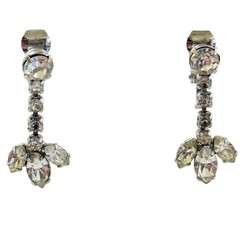 Glitzy Dainty Earrings VTG Clip Crystal Rhinestone Marquise Dangle Jeweled 60s