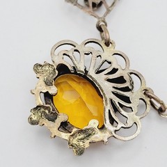 Czech Glass Art Nouveau Deco Flower Motif Brass Festoon Bib Amber Citrine 15 In