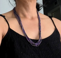 Natural Nepal Glass Seed Bead Multi Strand Necklace. Iridescent Peacock Blue 22″