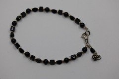 Black Onyx Beaded Gemstone Bracelet with Dangle Charm Sterling Silver
