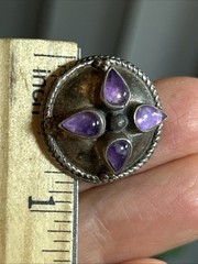 36. Vintage Tribal 925 Sterling Amethyst Stone Button Stud Earrings 21mm, 10.4g