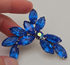 Beautiful Large Silver-Toned Brooch with Brilliant Blue Marquise Rhinestones