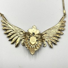 VTG Retro Gold Tone Phoenix Wing Necklace Sage Green & Amber Tone Boho Statement