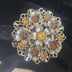 Vintage Silver Tone Amber Rhinestone Floral Filigree Brooch Pin Topaz Color