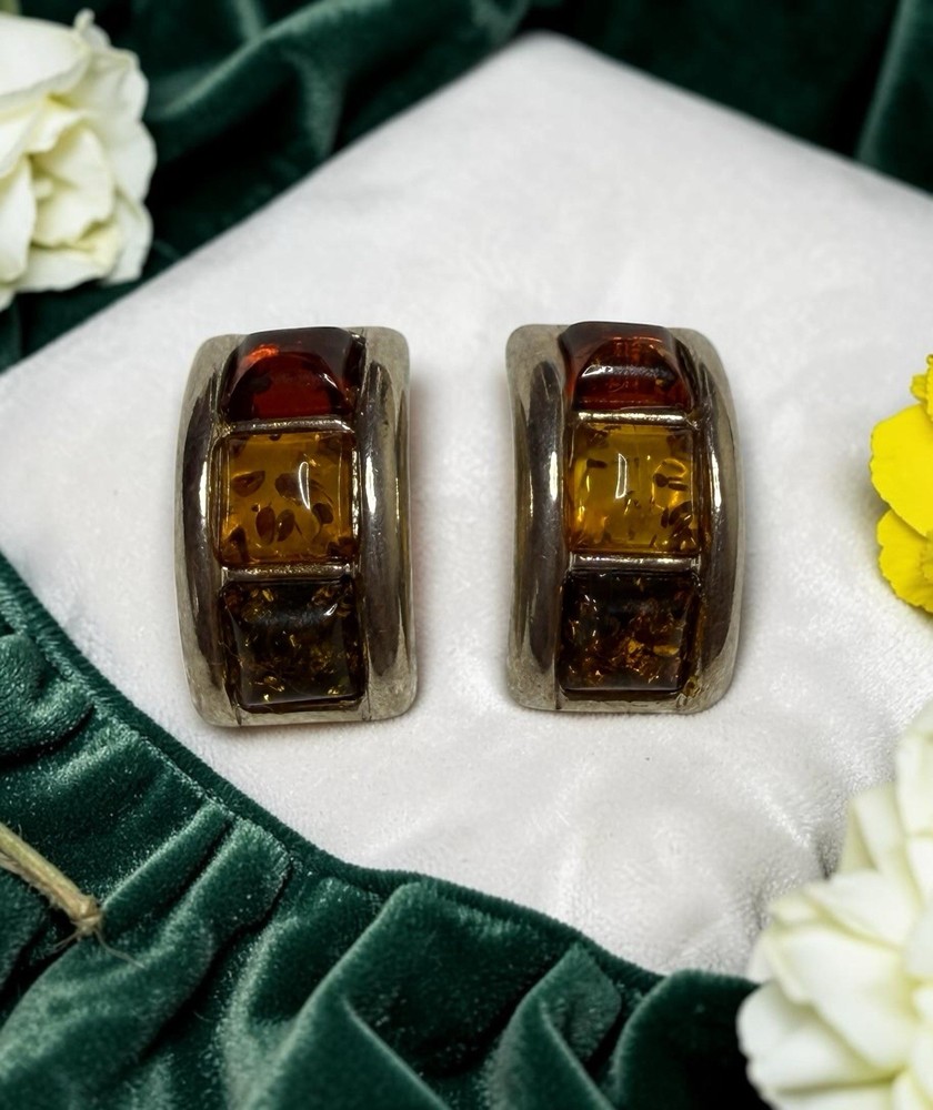 Vintage Honey Baltic Amber Sterling Silver Half Hoop Earrings, .75 in