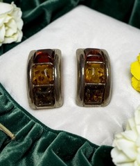 Vintage Honey Baltic Amber Sterling Silver Half Hoop Earrings, .75 in