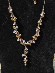 Vintage Signed Cookie Lee Bronze Tone Beaded & Rhinestone Encrusted Y Necklace