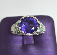 Faux Purple Amethyst Green Opal Filigree Silver Cocktail Ring Marked 925 SZ 7.25