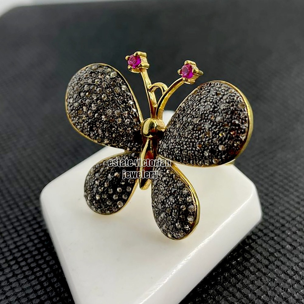 3.65Ct Rose Cut Diamond Ruby Studded Silver Vintage Style Butterfly Ring Jewelry