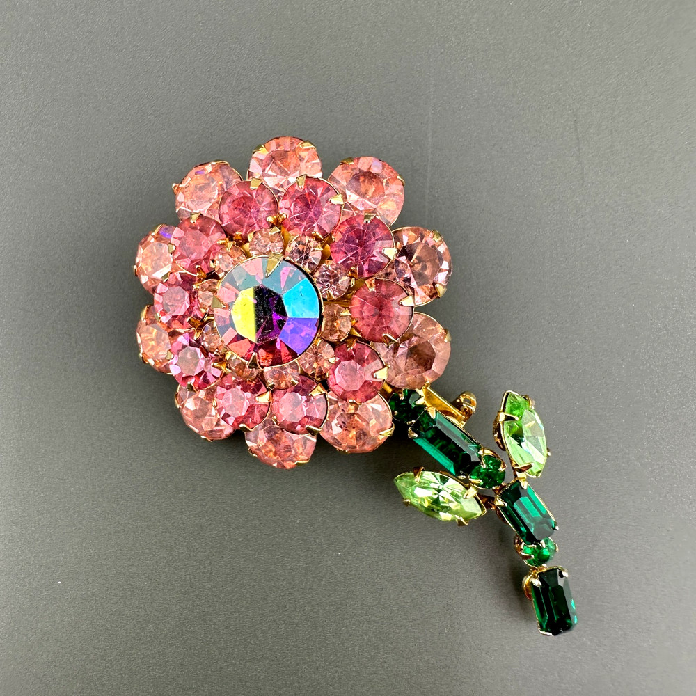 Vintage Judy Lee Rhinestone Flower Brooch Shades of AB Pink Green Long Stem READ