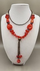 VTG 70s 80s Red Orange Acrylic Bead Statement Necklace Long Claspless 30″ Tassel