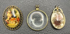 Vintage Lot Of 3 Pendants Gold Tone Floral Cameo Portrait Scene Magnifying Glass