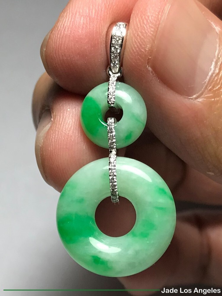 2 Donut Circle Apple Floral Green Jadeite Jade 18K White Gold Diamond Pendant