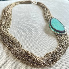 Vtg Multi Strand Gold Tone Chain Statement Necklace Marbled Green Rhinestones
