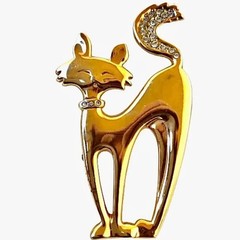 Cat Pin Brooch Mod Sophisticated Kitty Gold Tone & Rhinestone Collar & Tail