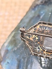 Antique 10K White gold White Sapphire Brooch Ornate Filigree Throat Brooch 1.4″
