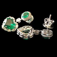 Heart Oval Simulated Emerald Simulated Diamond Halo Dangle Earrings 925 Silver