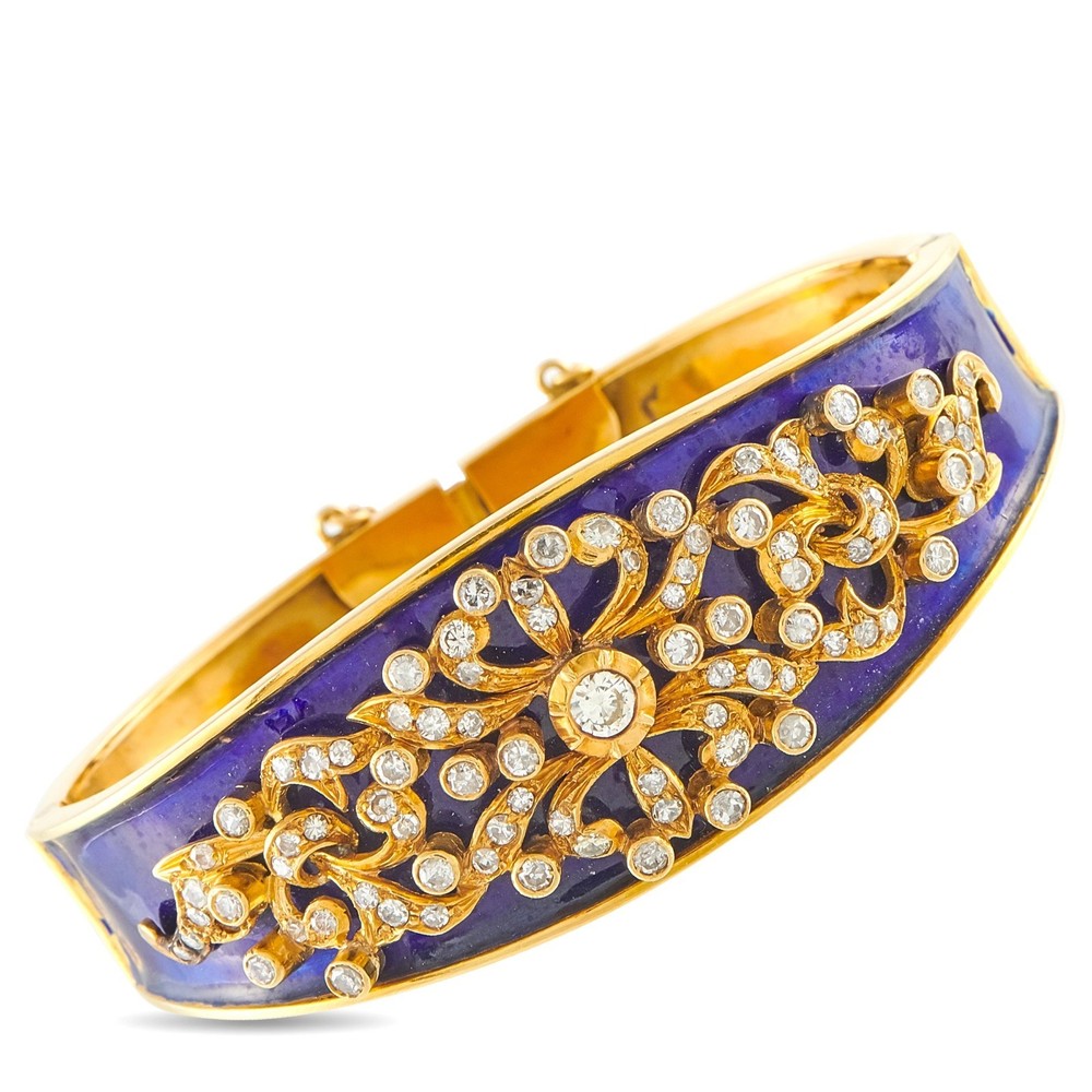Antique 18K Yellow Gold 2.59 ctw Diamond and Blue Enamel Bangle Bracelet