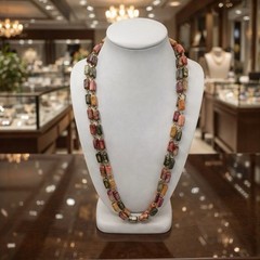 Vintage 48” Acrylic Rectangular Beads Necklace – Gold Tone Chain – Autumn Hues