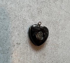Antique Victorian Whitby Jet Inset Pyrite Puffy 3-D HEART Charm Pendant Fob H5
