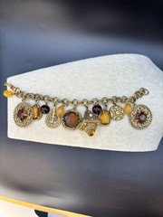 Vintage Mid Century Amber Topaz Rhinestone Charm Bracelet Etruscan Revival