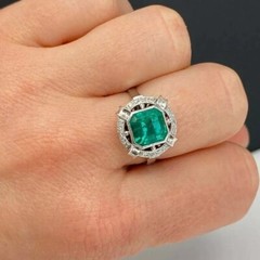 Colombian Green 3Ct Lab Created Emerald Old Mine Cut 14K White Gold Finish Ring