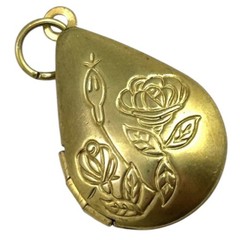 Vintage Raw Brass Filigree Rose Teardrop Locket Pendant, 24mm x 20mm, Deadstock