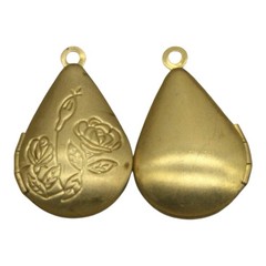 Vintage Raw Brass Filigree Rose Teardrop Locket Pendant, 24mm x 20mm, Deadstock
