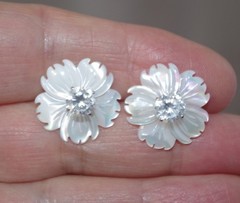 White Carved Flower Mother of Pearl Jackets to use with any studs: 18MM one pair