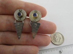 Vintage IC Signed Handmade Sterling Silver Iolite Modernist Earrings 925 1.25 In