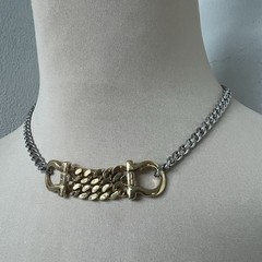 Vintage Ferragamo Hardware Necklace | Two-tone Gold Silver Curb Chain Choker 15”