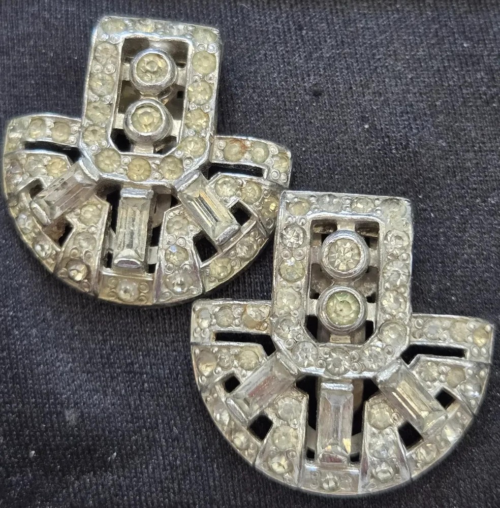 Vintage 1930s Art Deco Dress Clips Pair Silver Tone Rhinestone Fan Shape