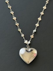 Vintage Silver Tin Rose Style Heart Locket with Tiny Hearts Link Chain 🩶
