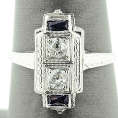 Antique 18K White Gold Mine Cut Diamond & Sapphire Engagement Ring Size 7