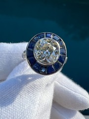 Art Deco Platinum Old Mine Cut Diamond & Sapphire Target Ring