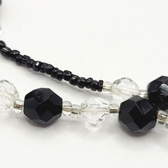 Modern Art Deco Black Clear Cut Crystal Bead Silver Tone Vintage Necklace 31 in