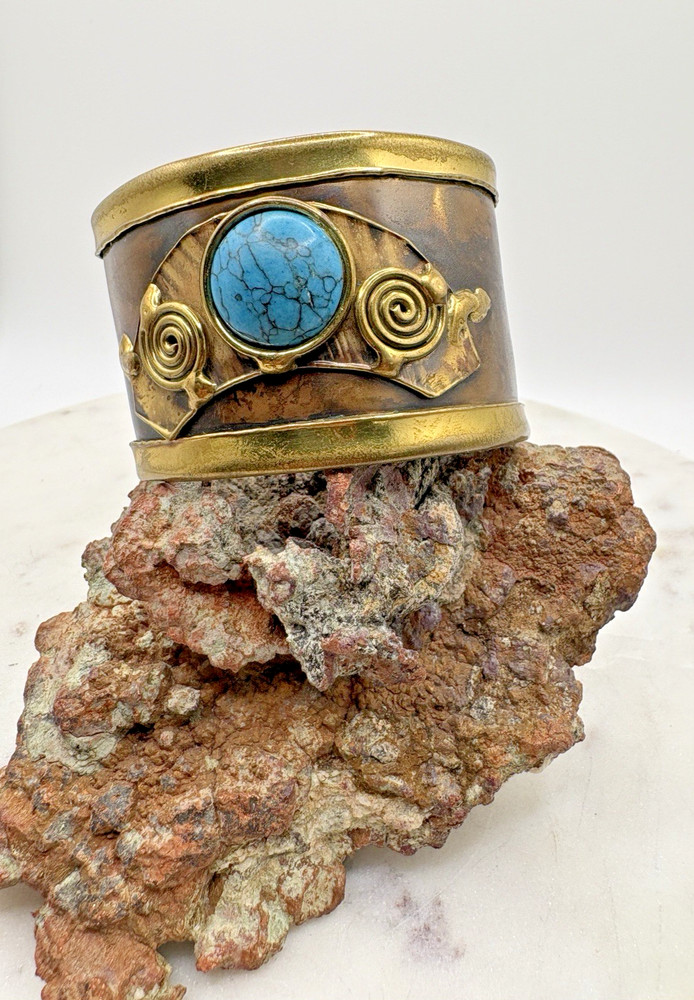 Vintage Artisan Jewelry Cuff Bracelet Handmade Blue Stone Mixed Metals Brutalist