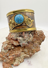 Vintage Artisan Jewelry Cuff Bracelet Handmade Blue Stone Mixed Metals Brutalist