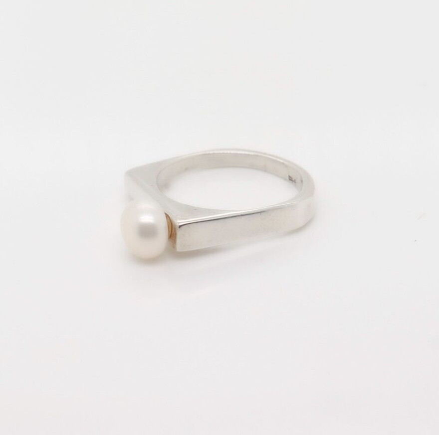 Signed Wesley Emmons Bar Top Modernist Sterling Silver & Button Pearl Ring